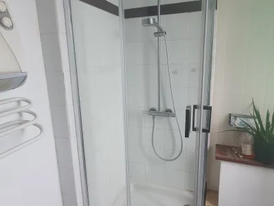 Douche avec paroi en verre et pommeau de douche au plafond